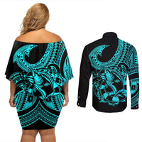 polynesia-couples-matching-off-shoulder-short-dress-and-long-sleeve-button-shirts-fish-hook-tattoo-go-fishing-polynesian-pattern-turquosie