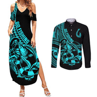 Polynesia Couples Matching Summer Maxi Dress and Long Sleeve Button Shirts Fish Hook Tattoo Go Fishing Polynesian Pattern Turquosie LT14 Turquoise - Polynesian Pride
