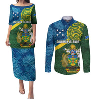 Solomon Islands Couples Matching Puletasi Dress and Long Sleeve Button Shirts Tropical Leaves With Melanesian Pattern LT14 Green - Polynesian Pride