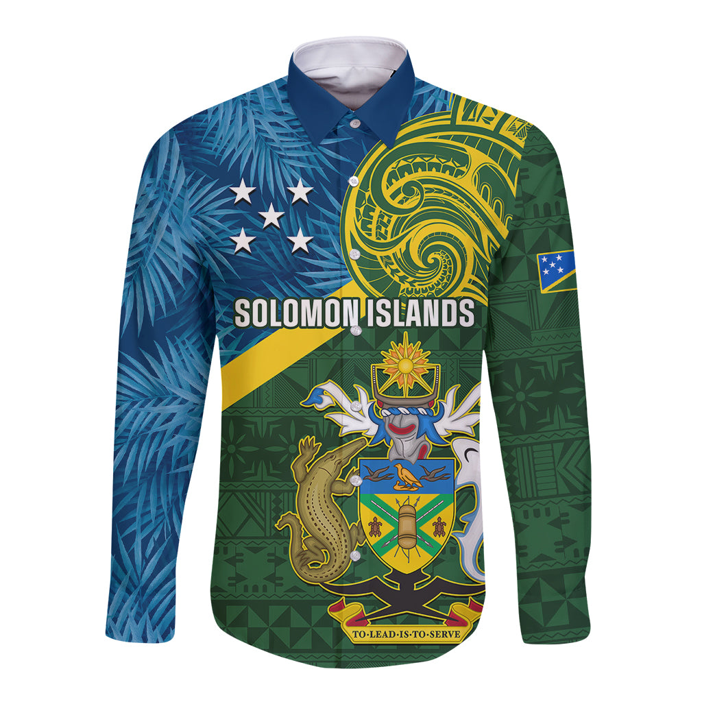 Personalised Solomon Islands Long Sleeve Button Shirt Tropical Leaves With Melanesian Pattern LT14 Unisex Green - Polynesian Pride
