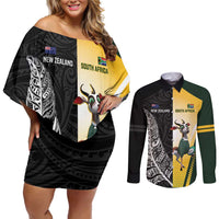 New Zealand and South Africa Rugby Custom Couples Matching Off Shoulder Short Dress and Long Sleeve Button Shirt Maori Silver Fern Springbok Together - Polynesian Pride