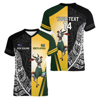 New Zealand and South Africa Rugby Custom Women V-Neck T-Shirt Maori Silver Fern Springbok Together - Polynesian Pride