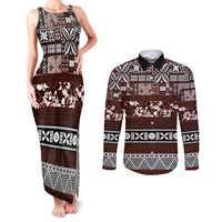 Bula Fiji Couples Matching Tank Maxi Dress and Long Sleeve Button Shirt Fijian Tapa Masi With Hibiscus Flowers LT14 Brown - Polynesian Pride