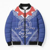 Queen Salote College 100 Years Personalized Bomber Puffer Jacket Tonga QSC Heilala Lei Blue Ngatu Pattern