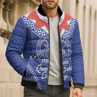 Queen Salote College 100 Years Personalized Bomber Puffer Jacket Tonga QSC Heilala Lei Blue Ngatu Pattern