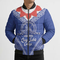 Queen Salote College 100 Years Personalized Bomber Puffer Jacket Tonga QSC Heilala Lei Blue Ngatu Pattern