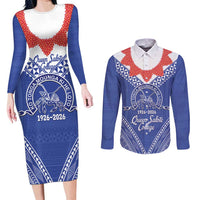 Queen Salote College 100 Years Personalized Couples Matching Long Sleeve Bodycon Dress and Long Sleeve Button Shirt Tonga QSC Heilala Lei Blue Ngatu Pattern
