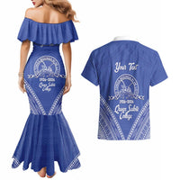 Queen Salote College 100 Years Personalized Couples Matching Mermaid Dress and Hawaiian Shirt Tonga QSC Heilala Lei Blue Ngatu Pattern