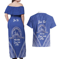 Queen Salote College 100 Years Personalized Couples Matching Off Shoulder Maxi Dress and Hawaiian Shirt Tonga QSC Heilala Lei Blue Ngatu Pattern