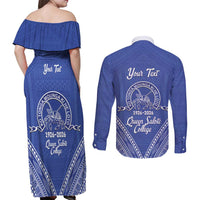 Queen Salote College 100 Years Personalized Couples Matching Off Shoulder Maxi Dress and Long Sleeve Button Shirt Tonga QSC Heilala Lei Blue Ngatu Pattern