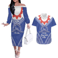Queen Salote College 100 Years Personalized Couples Matching Off The Shoulder Long Sleeve Dress and Hawaiian Shirt Tonga QSC Heilala Lei Blue Ngatu Pattern