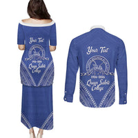 Queen Salote College 100 Years Personalized Couples Matching Puletasi and Long Sleeve Button Shirt Tonga QSC Heilala Lei Blue Ngatu Pattern