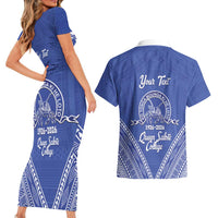 Queen Salote College 100 Years Personalized Couples Matching Short Sleeve Bodycon Dress and Hawaiian Shirt Tonga QSC Heilala Lei Blue Ngatu Pattern