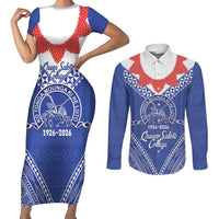 Queen Salote College 100 Years Personalized Couples Matching Short Sleeve Bodycon Dress and Long Sleeve Button Shirt Tonga QSC Heilala Lei Blue Ngatu Pattern