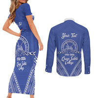 Queen Salote College 100 Years Personalized Couples Matching Short Sleeve Bodycon Dress and Long Sleeve Button Shirt Tonga QSC Heilala Lei Blue Ngatu Pattern