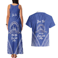Queen Salote College 100 Years Personalized Couples Matching Tank Maxi Dress and Hawaiian Shirt Tonga QSC Heilala Lei Blue Ngatu Pattern