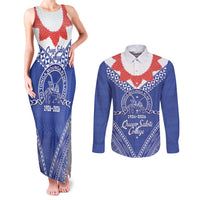 Queen Salote College 100 Years Personalized Couples Matching Tank Maxi Dress and Long Sleeve Button Shirt Tonga QSC Heilala Lei Blue Ngatu Pattern