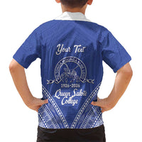 Queen Salote College 100 Years Personalized Family Matching Long Sleeve Bodycon Dress and Hawaiian Shirt Tonga QSC Heilala Lei Blue Ngatu Pattern