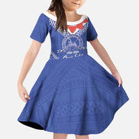 Queen Salote College 100 Years Personalized Family Matching Long Sleeve Bodycon Dress and Hawaiian Shirt Tonga QSC Heilala Lei Blue Ngatu Pattern