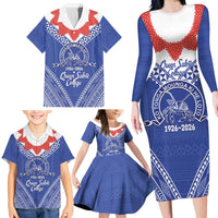 Queen Salote College 100 Years Personalized Family Matching Long Sleeve Bodycon Dress and Hawaiian Shirt Tonga QSC Heilala Lei Blue Ngatu Pattern