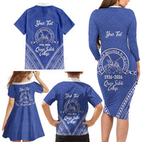 Queen Salote College 100 Years Personalized Family Matching Long Sleeve Bodycon Dress and Hawaiian Shirt Tonga QSC Heilala Lei Blue Ngatu Pattern