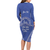 Queen Salote College 100 Years Personalized Family Matching Long Sleeve Bodycon Dress and Hawaiian Shirt Tonga QSC Heilala Lei Blue Ngatu Pattern