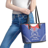 Queen Salote College 100 Years Personalized Leather Tote Bag Tonga QSC Heilala Lei Blue Ngatu Pattern