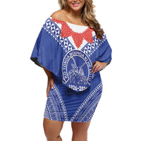 Queen Salote College 100 Years Personalized Off Shoulder Short Dress Tonga QSC Heilala Lei Blue Ngatu Pattern