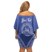 Queen Salote College 100 Years Personalized Off Shoulder Short Dress Tonga QSC Heilala Lei Blue Ngatu Pattern