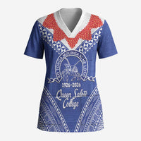 Queen Salote College 100 Years Personalized Scrub Top Tonga QSC Heilala Lei Blue Ngatu Pattern