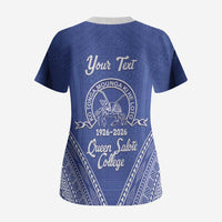 Queen Salote College 100 Years Personalized Scrub Top Tonga QSC Heilala Lei Blue Ngatu Pattern