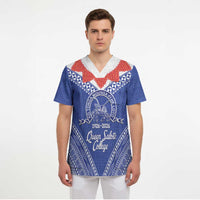 Queen Salote College 100 Years Personalized Scrub Top Tonga QSC Heilala Lei Blue Ngatu Pattern