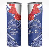 Queen Salote College 100 Years Personalized Skinny Tumbler Tonga QSC Heilala Lei Blue Ngatu Pattern