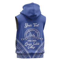 Queen Salote College 100 Years Personalized Sleeveless Zip Hoodie Tonga QSC Heilala Lei Blue Ngatu Pattern LT14 - Polynesian Pride