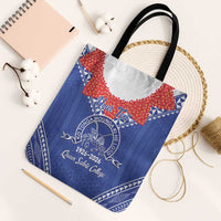 Queen Salote College 100 Years Personalized Tote Bag Tonga QSC Heilala Lei Blue Ngatu Pattern