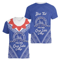 Queen Salote College 100 Years Personalized Women V-Neck T-Shirt Tonga QSC Heilala Lei Blue Ngatu Pattern
