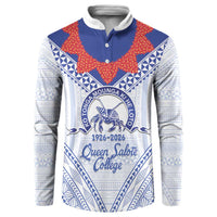 Queen Salote College 100 Years Personalized Button Sweatshirt Tonga QSC Heilala Lei White Ngatu Pattern LT14 White - Polynesian Pride