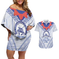 Queen Salote College 100 Years Personalized Couples Matching Off Shoulder Short Dress and Hawaiian Shirt Tonga QSC Heilala Lei White Ngatu Pattern