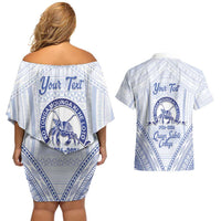 Queen Salote College 100 Years Personalized Couples Matching Off Shoulder Short Dress and Hawaiian Shirt Tonga QSC Heilala Lei White Ngatu Pattern