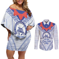Queen Salote College 100 Years Personalized Couples Matching Off Shoulder Short Dress and Long Sleeve Button Shirt Tonga QSC Heilala Lei White Ngatu Pattern
