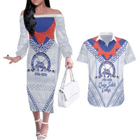 Queen Salote College 100 Years Personalized Couples Matching Off The Shoulder Long Sleeve Dress and Hawaiian Shirt Tonga QSC Heilala Lei White Ngatu Pattern