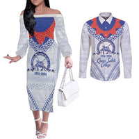 Queen Salote College 100 Years Personalized Couples Matching Off The Shoulder Long Sleeve Dress and Long Sleeve Button Shirt Tonga QSC Heilala Lei White Ngatu Pattern
