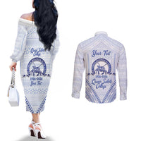 Queen Salote College 100 Years Personalized Couples Matching Off The Shoulder Long Sleeve Dress and Long Sleeve Button Shirt Tonga QSC Heilala Lei White Ngatu Pattern