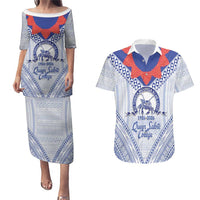 Queen Salote College 100 Years Personalized Couples Matching Puletasi and Hawaiian Shirt Tonga QSC Heilala Lei White Ngatu Pattern