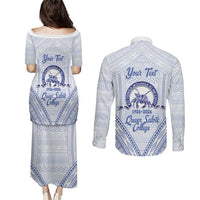 Queen Salote College 100 Years Personalized Couples Matching Puletasi and Long Sleeve Button Shirt Tonga QSC Heilala Lei White Ngatu Pattern LT14 - Polynesian Pride