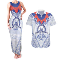Queen Salote College 100 Years Personalized Couples Matching Tank Maxi Dress and Hawaiian Shirt Tonga QSC Heilala Lei White Ngatu Pattern