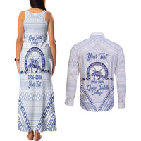 Queen Salote College 100 Years Personalized Couples Matching Tank Maxi Dress and Long Sleeve Button Shirt Tonga QSC Heilala Lei White Ngatu Pattern