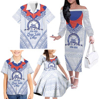 Queen Salote College 100 Years Personalized Family Matching Off The Shoulder Long Sleeve Dress and Hawaiian Shirt Tonga QSC Heilala Lei White Ngatu Pattern