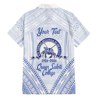 Queen Salote College 100 Years Personalized Family Matching Off The Shoulder Long Sleeve Dress and Hawaiian Shirt Tonga QSC Heilala Lei White Ngatu Pattern
