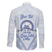 Queen Salote College 100 Years Personalized Family Matching Off The Shoulder Long Sleeve Dress and Hawaiian Shirt Tonga QSC Heilala Lei White Ngatu Pattern